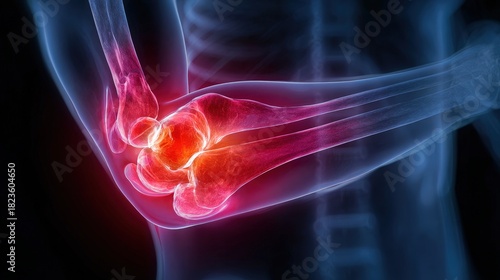 X-ray image showing elbow joint with signs of degeneration or injury causing persistent pain