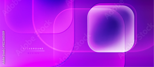 Abstract purple gradients form layered shapes. Minimalist design with text elements, modern aesthetic. Smooth transitions create visual depth.