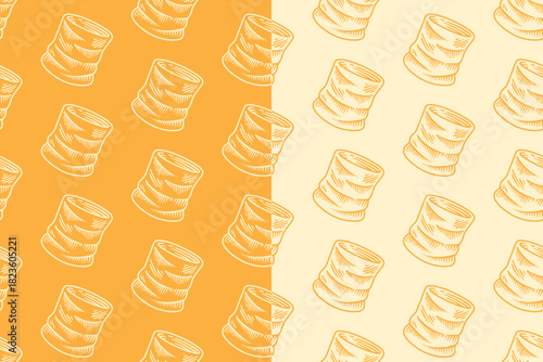 Neck gaiter line art seamless pattern on tan black background for adventure merchandise. Buff neck warmer engraving doodle pattern background. Snood tube scarf hatching motif wallpaper