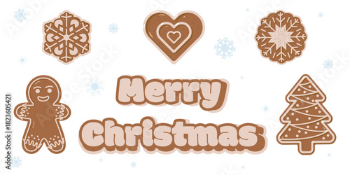 Merry Christmas in gingerbread-style font surrounded by festive cookies gingerbread man, tree, heart, and snowflakes. Light blue snowflakes on white background. Cozy and cheerful holiday illustration