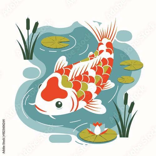A colorful red and white koi carp fish swimming in a serene pond with lily pads and reeds.