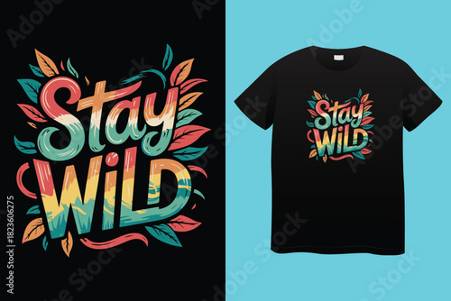 Stylized illustration of a cowgirl riding a horse with desert landscape and text stay wild and free cowgirl