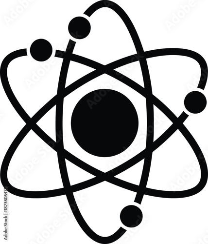 Atom sign symbol nucleus electron orbit energy model concept chemistry physics science radiation technology education black and white