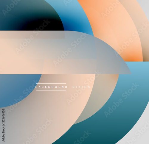 Abstract layers overlap, creating soft gradients. Colors include blue, peach, gray, black. Minimalist design evokes modern aesthetic.