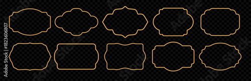 Golden ornamental 3d frame set. Oriental style shiny realistic Islamic windows, Indian border, decorative element, morocco shapes. Vector illustration for invitation, greeting card, decorative design