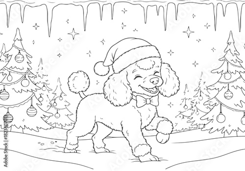 Christmas Coloring Book Page Happy Poodle Dog with Santa Hat in Snowy Winter Scene - Printable Fun