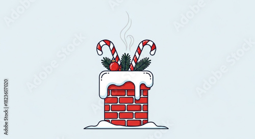 Cute cartoon illustration of a red brick chimney with melting snow, two candy canes, and pine branch decoration, smoke rising up against a light blue background