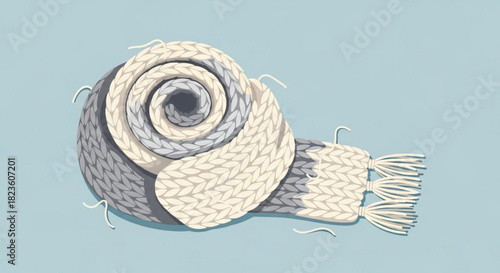 Knitted wool scarf rolled into a spiral shape with tassels against a light blue background, symbolizing winter warmth and craft