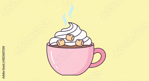 Cute cartoon illustration of a steaming pink mug filled with hot chocolate topped with whipped cream and small marshmallows against a light yellow background