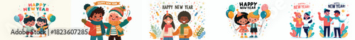 vector of two little kids celebrating new year