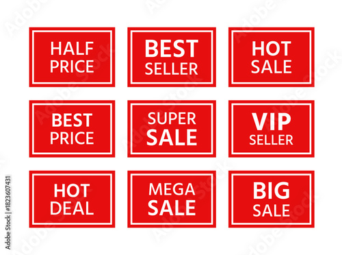 Set of rectangle best price stickers. Sale stamp imprint. Red sold out emblem in frame. New arrival label in border. Marketing retail badge. Text box with buy tags. Sale product mark. Vector illustrat