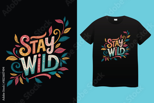 Stylized illustration of a cowgirl riding a horse with desert landscape and text stay wild and free cowgirl