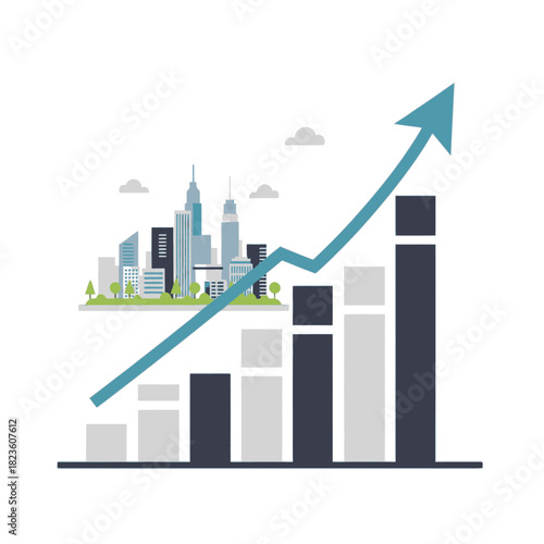 An illustration depicting a financial growth chart with a cityscape in the background.