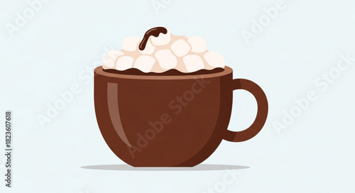 Delicious hot chocolate in a brown mug topped with a generous amount of fluffy marshmallows and a drizzle of chocolate syrup