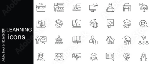 E-learning and Education line icon vector set. Education, school, university, webinar, study, online training and more icons. Vector illustration.
