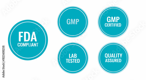 Quality assurance and compliance vector badge set including FDA, GMP, and Lab Tested icons