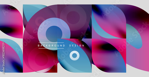 Abstract shapes, vibrant colors, modern design. Fluid gradients create dynamic composition. Pink, blue, purple hues dominate visual space.