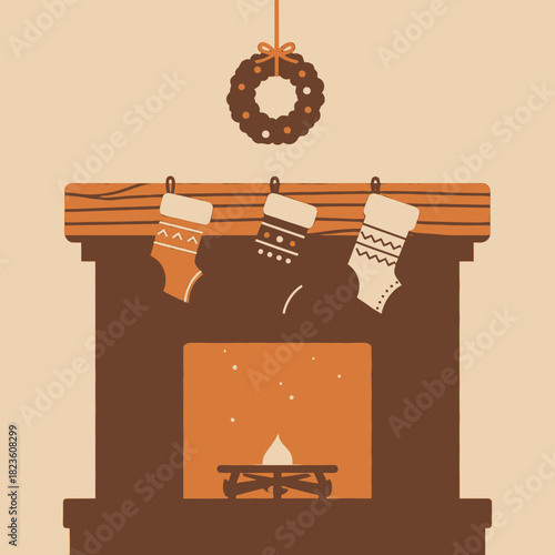A cozy, minimalist illustration of a fireplace with three Christmas stockings hanging from the mantelpiece and a festive wreath above.