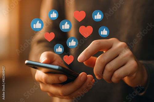 Hands holding smartphone with floating like and heart icons symbolizing social media interaction online engagement and digital connection
