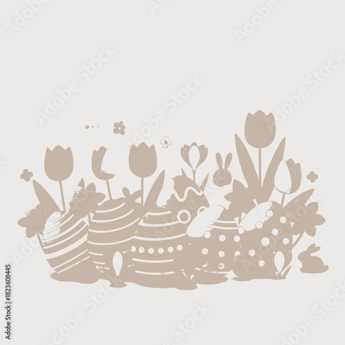 Monochromatic graphic illustration of Easter eggs, tulips, and bunnies arranged in a festive border, perfect for spring holiday designs.