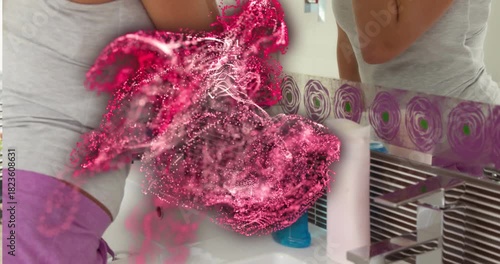 Wallpaper Mural Woman applying skincare inspecting face at sink as pink cloud expanding across mirror hiding view Torontodigital.ca