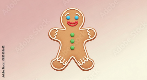 Cute gingerbread man cookie with blue eyes and red smile decorated with green candy buttons against a soft pink gradient background for holiday baking concept