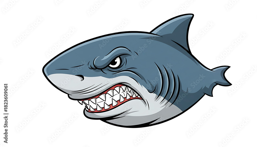 Fototapeta premium Dynamic and aggressive shark illustration, featuring a powerful ocean predator with sharp teeth and an intense, menacing expression, ideal for captivating graphic designs and branding projects