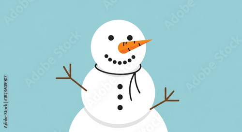 Cute cartoon illustration of a traditional snowman with carrot nose, coal eyes, and scarf against a light blue winter sky background