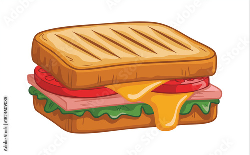 Massive layered sandwich with assorted fresh ingredients isolated vector illustration on white background