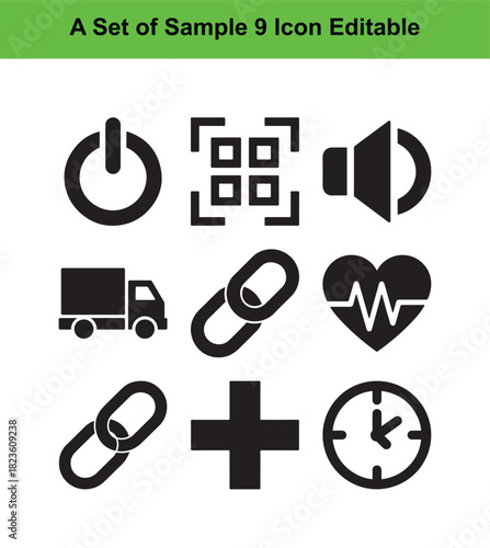 Set of nine black icons power sound truck link heart clock cross button