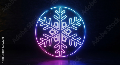 Vibrant neon sign of a glowing snowflake icon inside a circle, featuring blue and pink gradient light against a dark background, perfect for winter themes