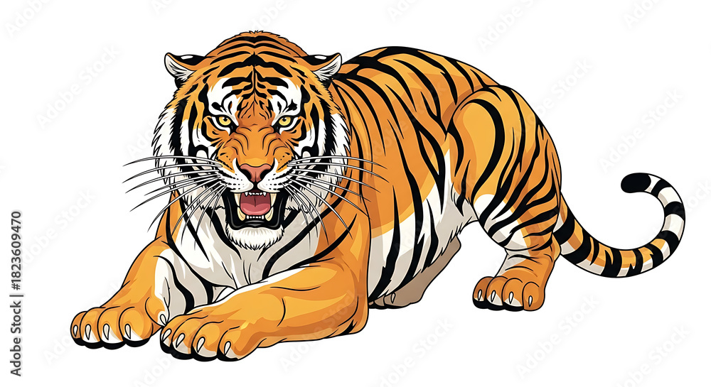 Obraz premium Dynamic vector illustration of a majestic wild tiger in an aggressive pose, its powerful roar and intense gaze capturing the essence of strength and predatory grace in nature