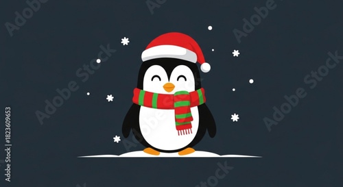 Cute cartoon penguin wearing a red santa hat and a green and red striped scarf standing in the snow with falling snowflakes on a dark background