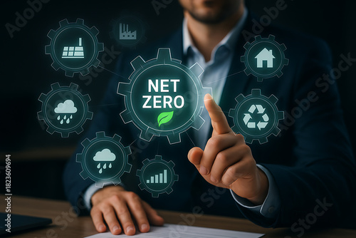 Sustainable business strategy with net zero emission target showing renewable energy recycling and eco innovation for climate responsibility