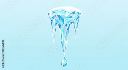 Realistic 3d rendering of a single blue icicle dripping a water drop against a light blue background, winter concept