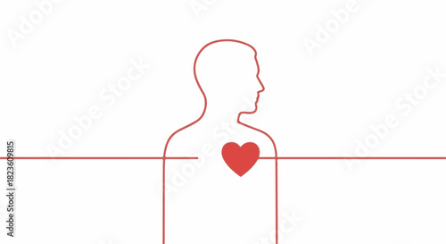 Minimalist human body silhouette line icon with red heart for health and cardiology concept