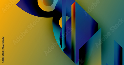 Abstract composition. Bold colors blend, creating dynamic shapes. Gradients suggest depth, light interplay. Modern design.