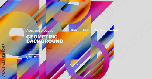 Abstract design features vibrant geometric shapes, bold colors, text elements. Modern aesthetic suitable for website header or promotional material.