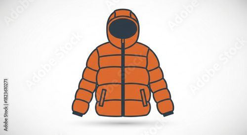 Illustration of a warm, orange, hooded, quilted puffer winter jacket with zipper and pockets