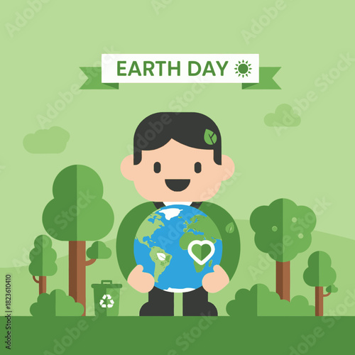A cartoon man happily holding the Earth with trees and a recycling bin, celebrating Earth Day.