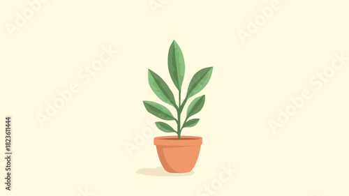 A simple flat vector design of a small green plant with large leaves growing in a terracotta pot, representing nature and home decor.
