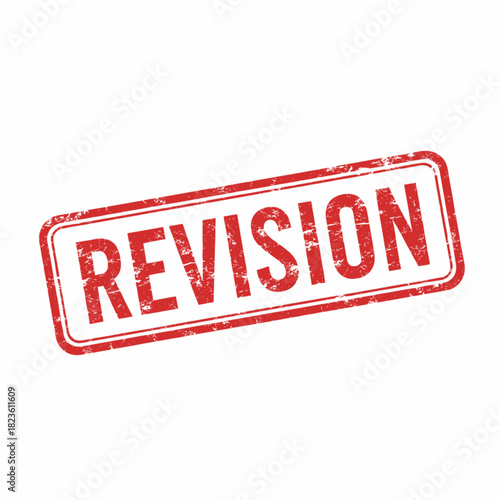 Red rectangular rubber stamp with the word "REVISION" in capital letters, indicating a need for changes or an updated version.