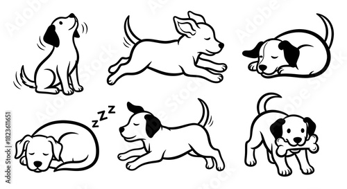 Set collection of cute and funny dog clip art illustrations in various artistic styles, isolated on a clean white background