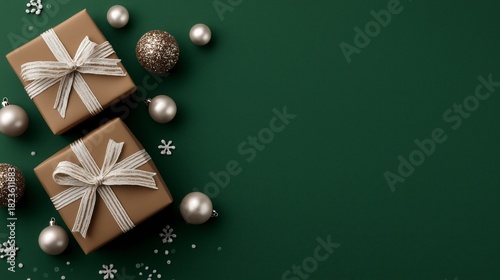 Dos cajas de regalo por Navidad y bolas decorativas de navidad sobre fondo verde, postal para diseños con espacio vacío