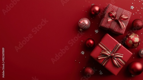 Dos cajas de regalo por Navidad y bolas decorativas de navidad sobre fondo rojo, postal para diseños con espacio vacío