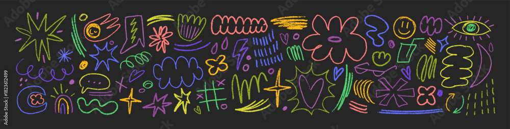 Fototapeta premium Doodle sketches set. Abstract charcoal and crayon drawings, kids design elements. Chalk and pencil drawn heart, star, face, flower, rainbow scribbles in children sketchy style. Vector illustrations