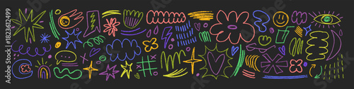 Doodle sketches set. Abstract charcoal and crayon drawings, kids design elements. Chalk and pencil drawn heart, star, face, flower, rainbow scribbles in children sketchy style. Vector illustrations