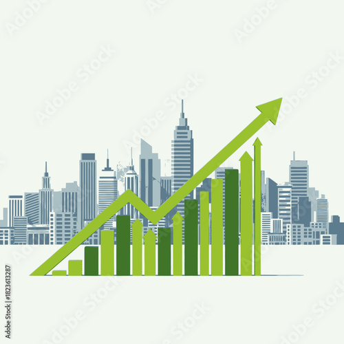 Green bar chart and upward arrow symbolizing growth in a city skyline.