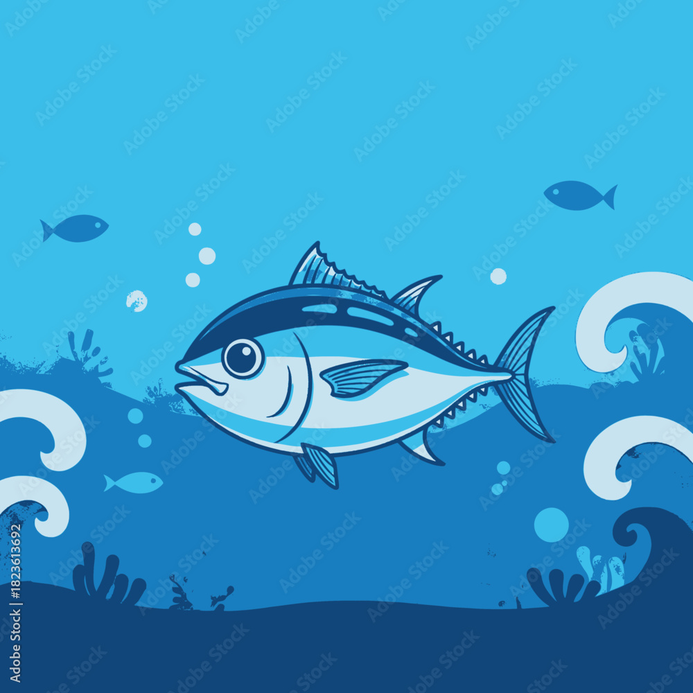 Obraz premium A vibrant cartoon illustration of a blue tuna fish swimming gracefully in the deep ocean amidst bubbles and stylized waves.