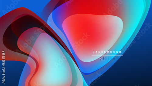 Abstract fluid shapes overlap, creating vibrant color gradients. Blue, red, turquoise dominate dark background. Modern design element.